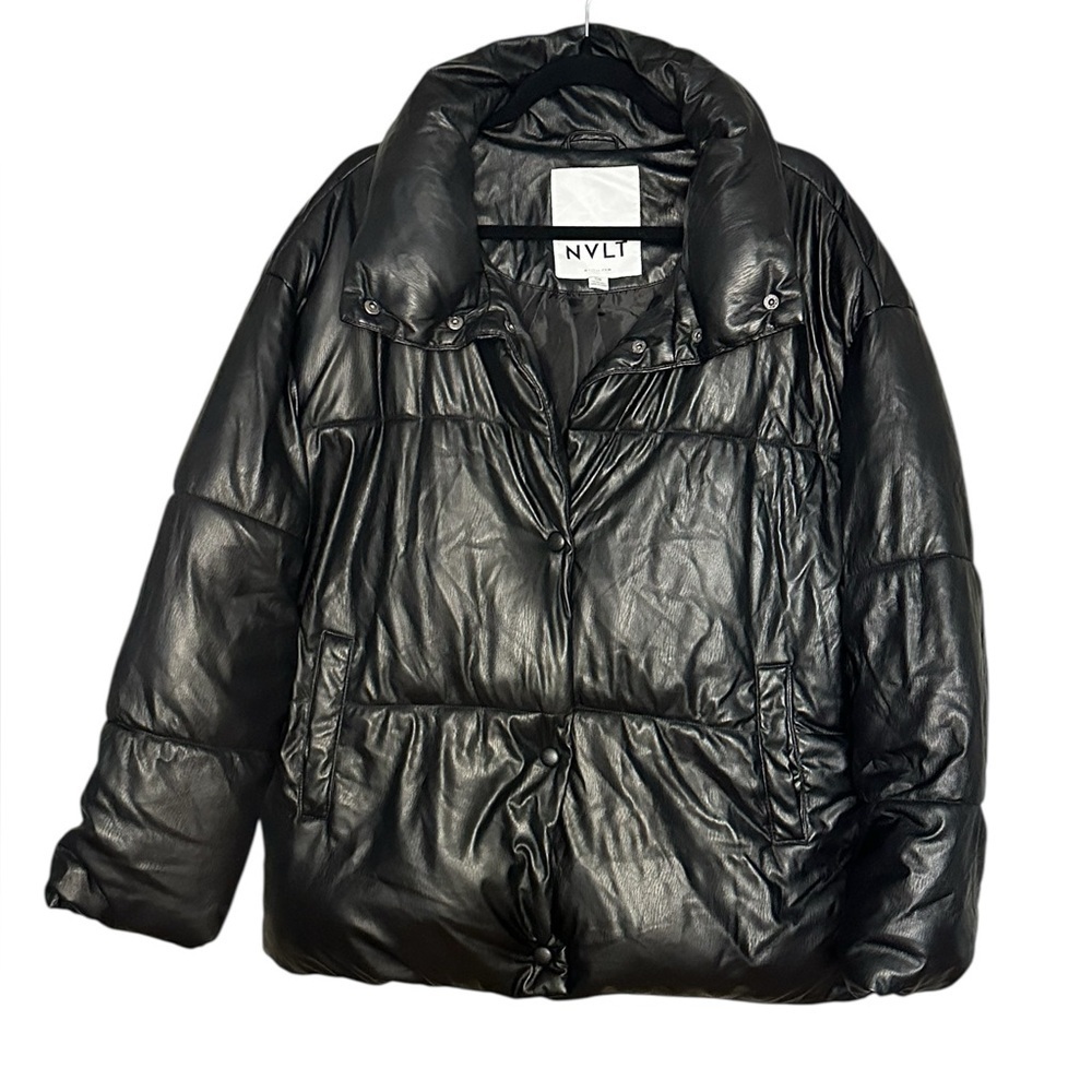 NVLT women's black vegan leather puffer coat Large NWOT